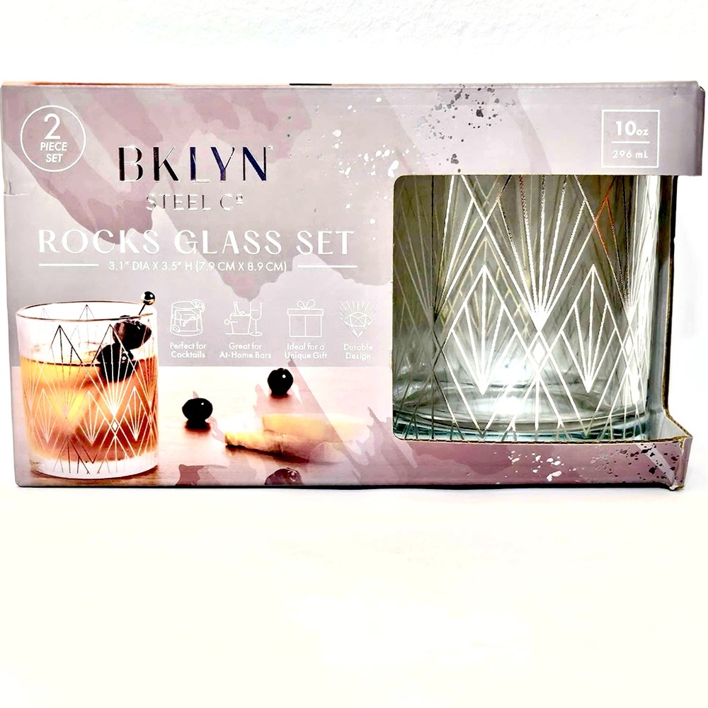 NEW! BKLYN Steel Co Rocks Old Fashioned‎ Glasses Set of 2 Unique Gifts Home Bar
